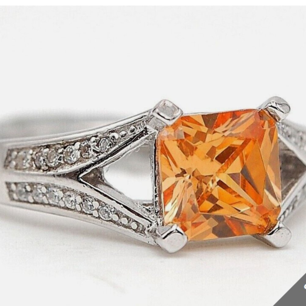 2 CT Padparadscha Sapphire & White Topaz 925 Sterling Silver Ring Size 9 - Picture 2 of 2